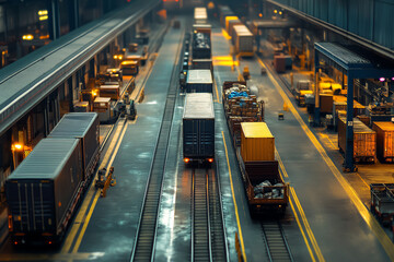 A highangle view of a freight train in a loading bay, with trucks delivering cargo to be loaded onto the train