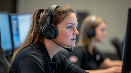A professional cloud support team member wearing a headset and focused on a computer screen, providing expert assistance and ensuring customer satisfaction.