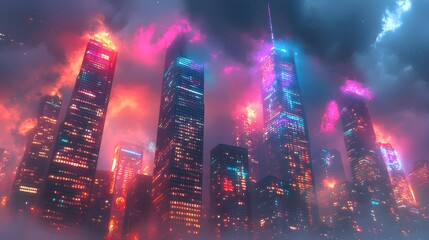 Fototapeta premium Ground-level view of towering skyscrapers, their tops disappearing into the clouds, with vibrant neon street art murals covering their base. A dramatic retro cityscape