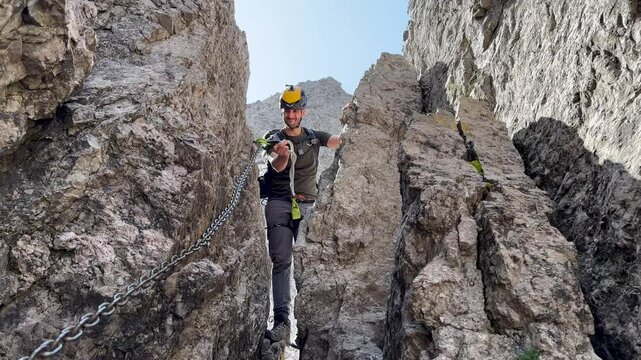 Man Hiking Rocky Slopes Of Grignetta Mountain In Valsassina, Italy - Tracking