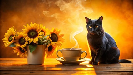 Black Cat and Sunflowers - Cozy Coffee Scene with Double Exposure Effect