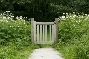 A rustic wooden gate opens into a secret garden, hidden amongst lush greenery and white wildflowers.  It symbolizes a hidden world, new beginnings, and the beauty of nature.