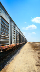Obraz premium A side view of a livestock transport train, with animals being transported in specialized rail cars