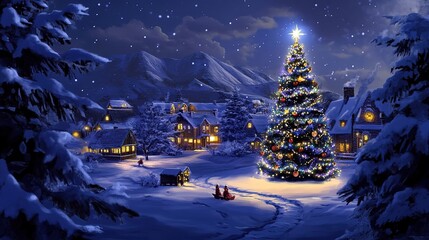 A Christmas cart filled with festive decorations, including colorful wrapped gifts, a small Christmas tree, and twinkling lights. The cart is adorned with ribbons and holly, evoking the joy and warmth