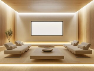2408 72.A modern lounge with a large blank TV screen displayed prominently on the wall, surrounded by minimalist furniture. The clean design of the space includes a low-profile coffee table,