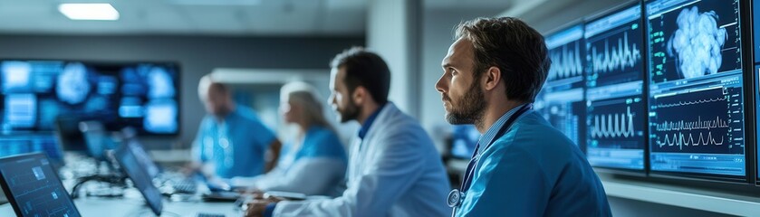 Obraz premium Diverse healthcare workers in a control room, monitoring real-time patient data on multiple screens hospital management, technology