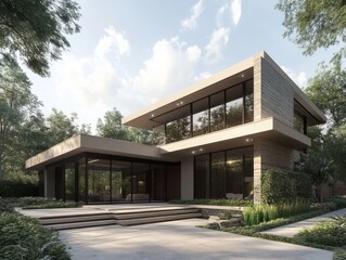 Fototapeta premium 2408 30.A modern minimalist home with a flat roof and an open design, featuring large glass windows framed in dark materials. The light-colored stone exterior contrasts against the sharp angles and