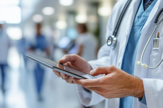 Doctors discussing medical cases in a busy hospital, using digital tablets to share information patient management, technology - Powered by Adobe