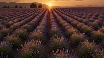 Fototapeta premium a field of purple flowers with the sun shining through the clouds.