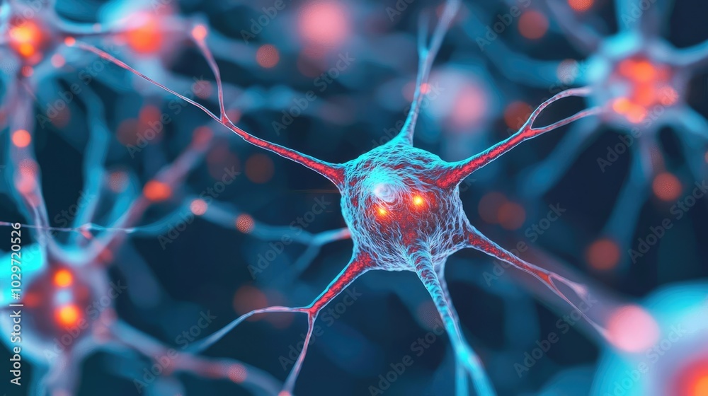 Poster colorful neurons communicating in a vibrant neural network on a dark background.
