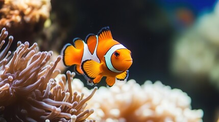 A vibrant clownfish swimming against a white background, showcasing its bright orange and white striped body and unique features. Ideal for ocean life, underwater creatures, and marine biology themes,