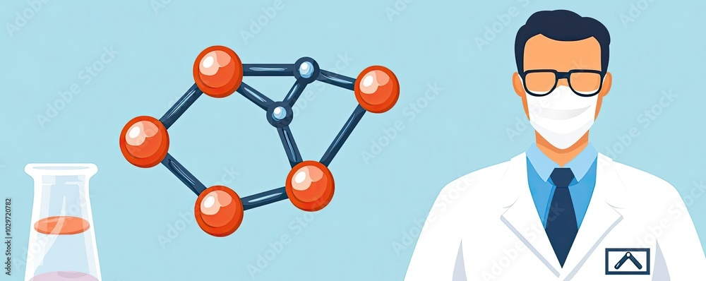 Aufkleber Scientist in lab coat with molecular structure and flask, isolated on blue background