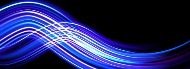 Glowing neon light trail background. Iridescent blue swoosh speed lines. Magic luminous curved path concept. Abstract dynamic flowing stripes. Long exposure streaks for poster, banner, flyer. Vector