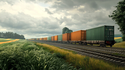Fototapeta premium A side view of a long freight train carrying heavy cargo containers, passing through a rural landscape
