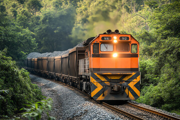 Obraz premium A front view of a bulk freight train transporting raw materials like coal, grain, or ore, passing through a countryside