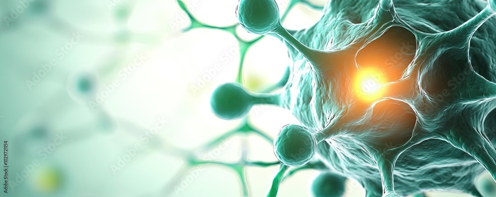 Poster Close-up of a cell structure with glowing nucleus on a blurred background.