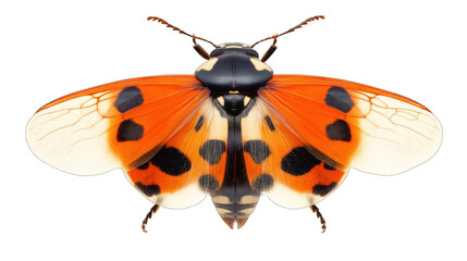 Fototapeta premium view of a ladybug with bright red wings and black spots