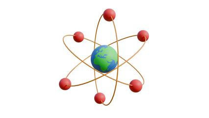 Realistic 3d cartoon atom model nuclear energy planet earth icon orbit spin element isolated on transparent alpha channel background 