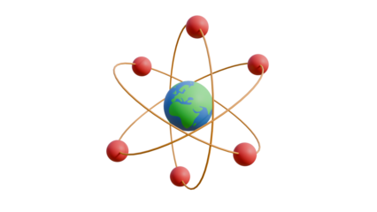 Realistic 3d cartoon atom model nuclear energy planet earth icon orbit spin element isolated on transparent alpha channel background 