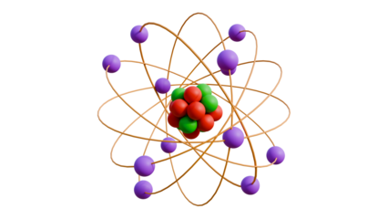 Realistic 3d cartoon atom model nuclear energy icon illustration orbit spin element isolated on transparent alpha channel background 