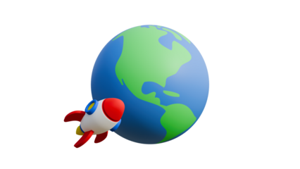 Realistic 3d cartoon emoji emotion icon flying rocket around planet earth rotate isolated on transparent alpha channel background 