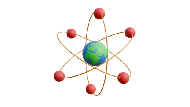 Realistic 3d cartoon atom model nuclear energy planet earth icon orbit spin element isolated on transparent alpha channel background 