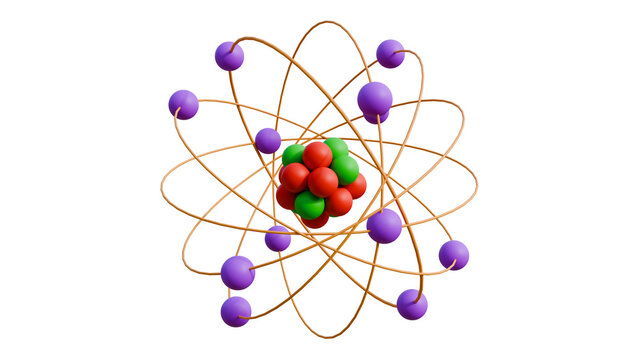 Realistic 3d cartoon atom model nuclear energy icon illustration orbit spin element isolated on transparent alpha channel background 