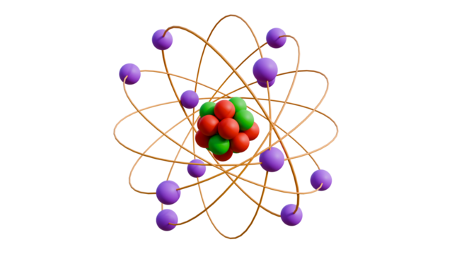 Realistic 3d cartoon atom model nuclear energy icon illustration orbit spin element isolated on transparent alpha channel background 