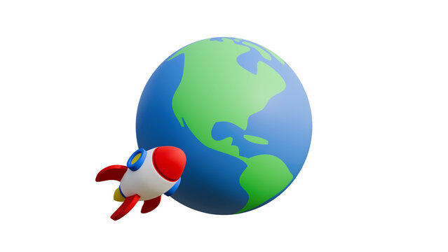 Realistic 3d cartoon emoji emotion icon flying rocket around planet earth rotate isolated on transparent alpha channel background 