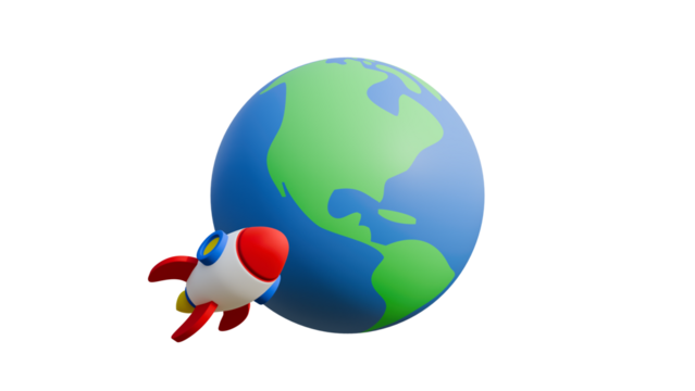 Realistic 3d cartoon emoji emotion icon flying rocket around planet earth rotate isolated on transparent alpha channel background 