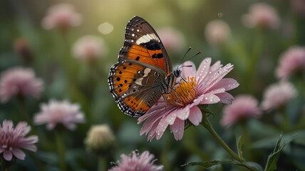 Obraz premium a butterfly is on a flower in the grass.