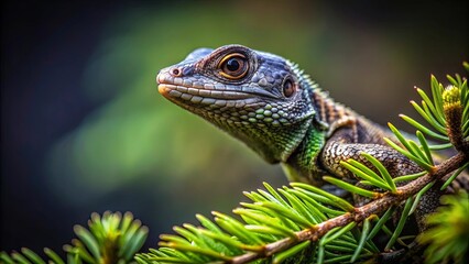 Fototapeta premium A small lizard perched on a branch, its eyes wide with curiosity, a perfect blend of vibrant green and earthy brown hues, against the backdrop of a lush evergreen forest.