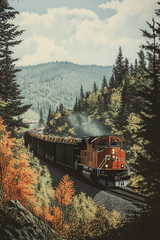 A front view of a freight train carrying goods through a mountain pass, with trees and hills in the background