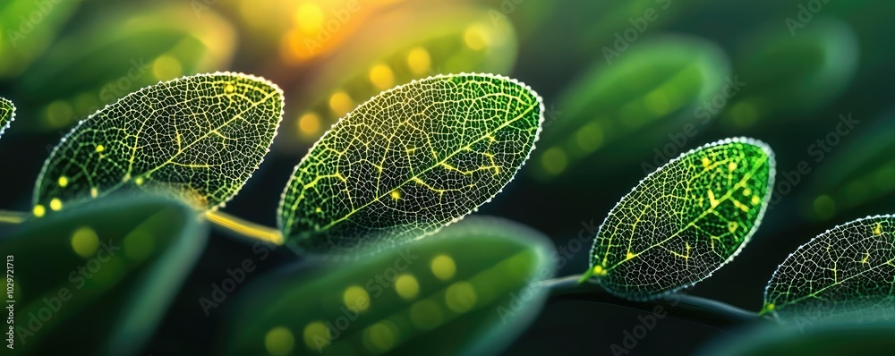 Poster Close-up view of vibrant green leaves with intricate details and sunlight filtering through.