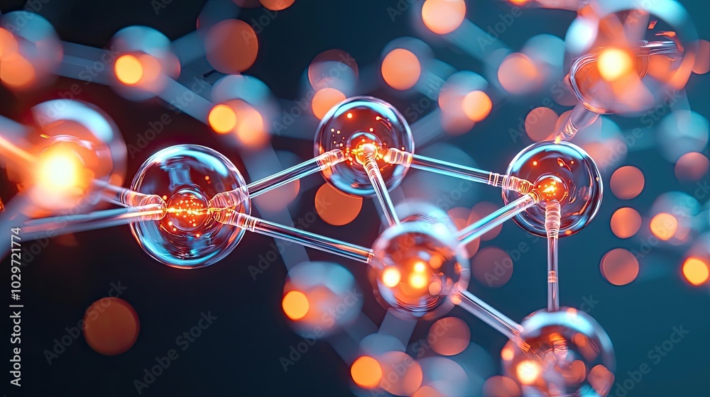 Poster close-up of molecular structure with glowing spheres on dark background