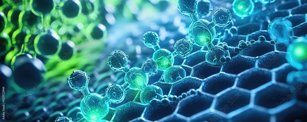 Poster abstract molecular structure with vibrant colors over a digital background.