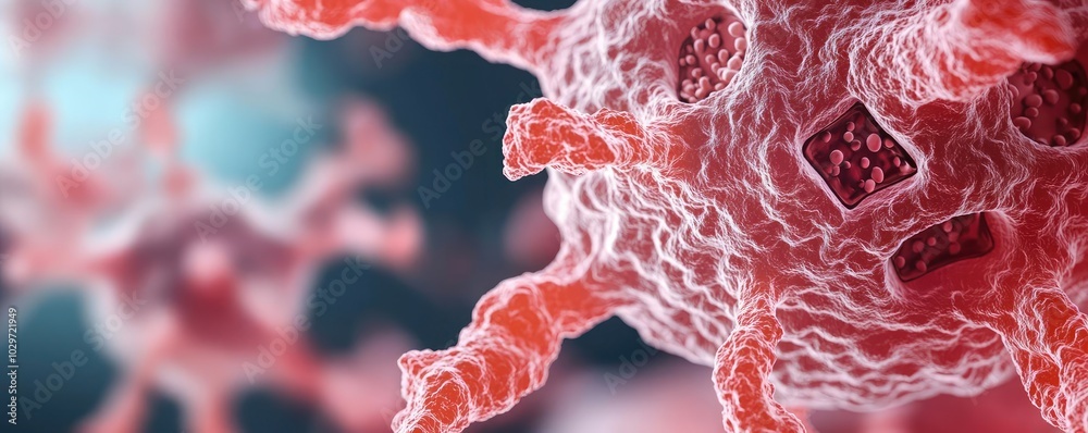 Poster microscopic view of a virus, detailed structure on a dark background.