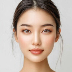 Naklejka premium half body portrait of a beautiful asian modeling woman with healthy glowing fresh skin on a white background