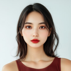 Naklejka premium half body portrait of a beautiful asian modeling woman with healthy glowing fresh skin on a white background