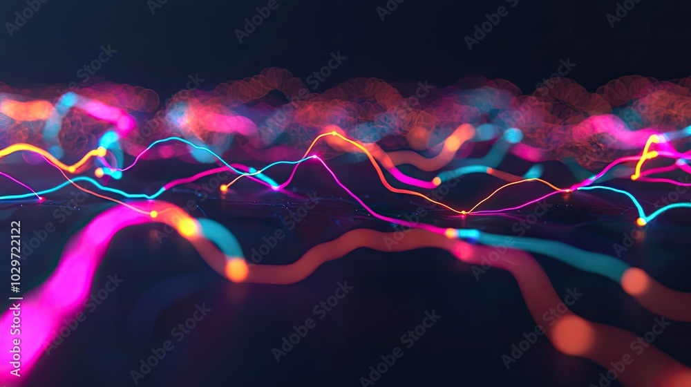 Poster Colorful abstract digital waves in dynamic motion on a dark background.