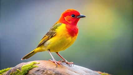 Obraz premium Vibrant yellow bird with red crest perched on a rock, Bird, Yellow, Red, Crest, Vibrant, Wildlife, Nature, Perched, Rock
