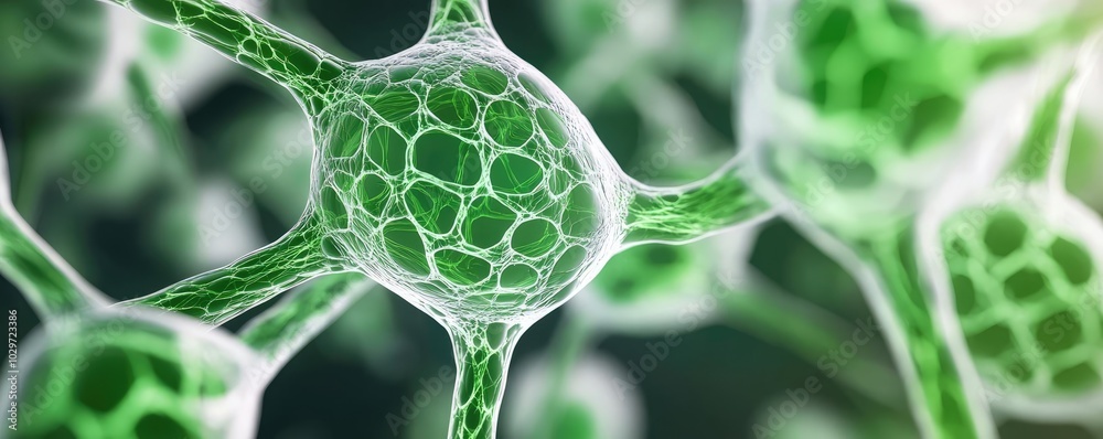 Aufkleber Close-up of green cells with intricate structures on a dark background.