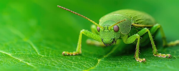 Fototapeta premium Close-up of a green grasshopper on a leaf, vivid green details, nature background.