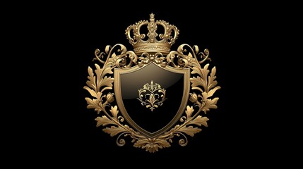 An elegant gold crescent emblem featuring a detailed shield adorned with decorative leaf flourishes, topped with a grand crown, and bordered by intricate ornamental foliage. 