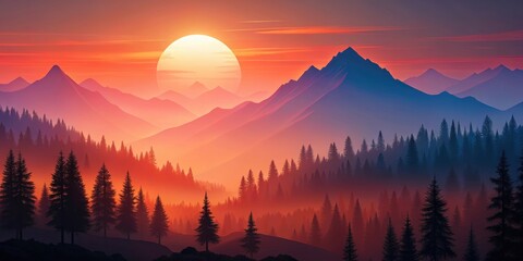 Obraz premium Colorful of mountains, trees, and a red sun in the background, mountains, trees, red sun, colorful,nature, landscape