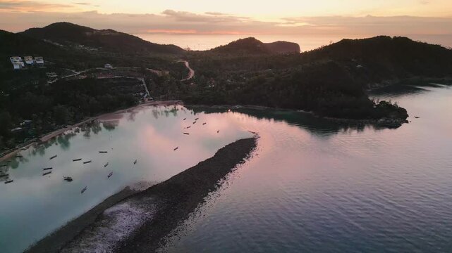 Establishing Aerial of Koh Pha Ngan Thailand's Gulf Island Beach, Sunset Skyline