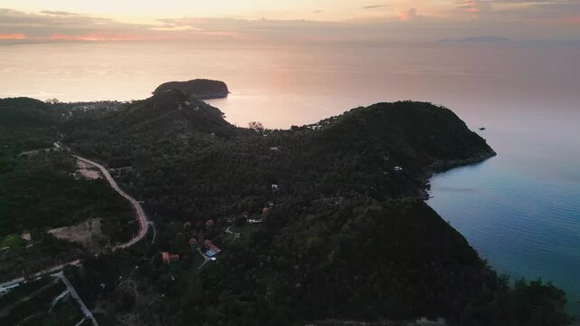 Slow Aerial Fly Ko Pha ngan travel island in the Gulf of Thailand Sunset Resort Tropical Green Lush Nature