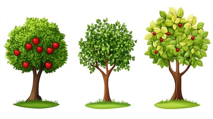 Fototapeta premium A young green apple tree illustration, depicted as a vector art design on a clean white background. The tree features fresh green leaves, a slender trunk, and small, budding apples, 