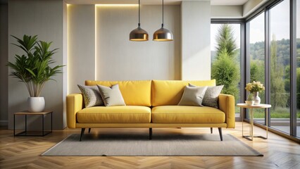 Front view of a stylish yellow couch in a modern living room apartment interior, yellow, couch, front view