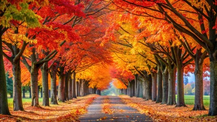 Colorful autumn tree alley with vibrant red, orange, and yellow leaves , vibrant, colorful, autumn, tree, alley, leaves